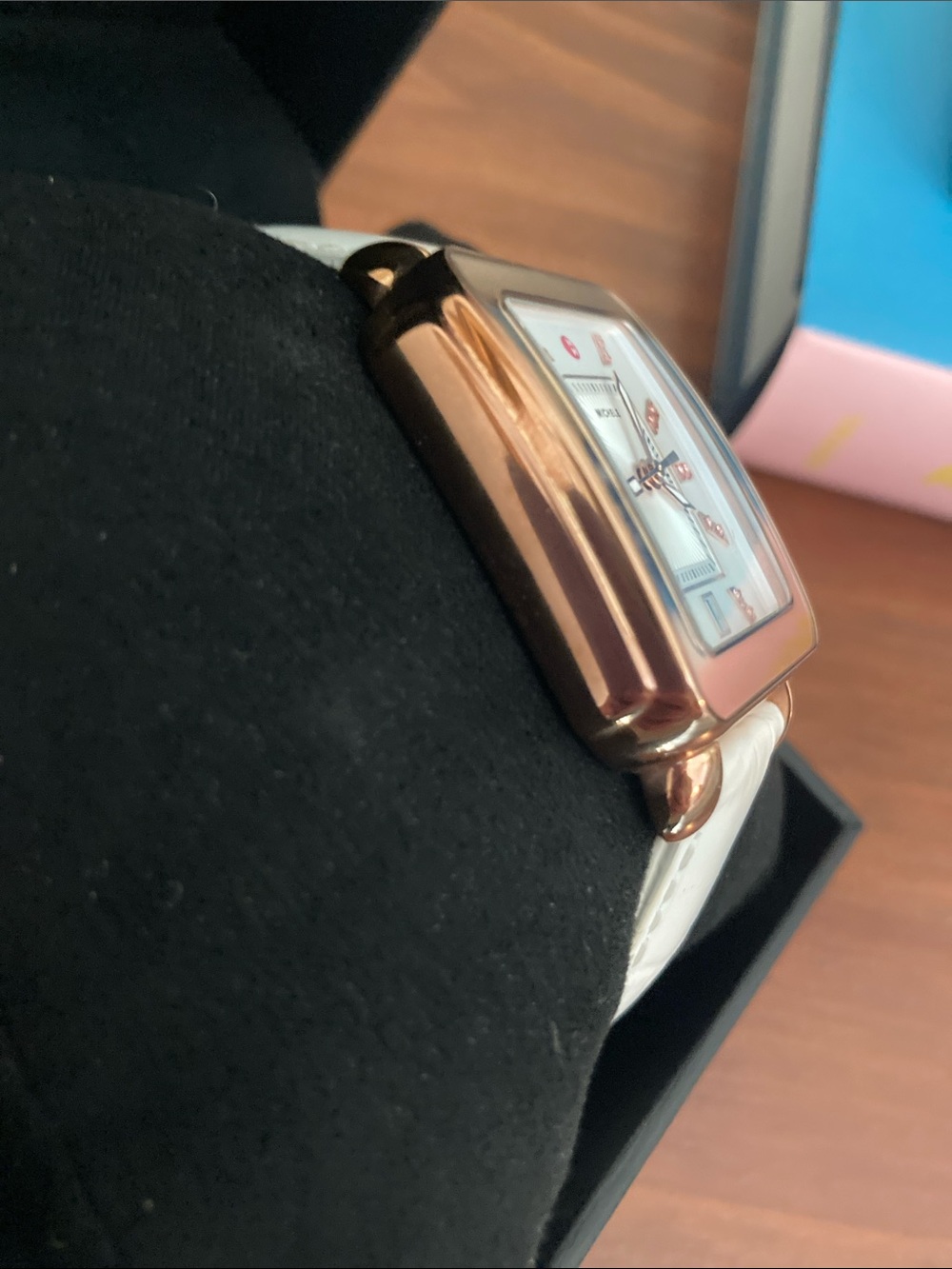 Michele Rose Gold Square Watch with White Strap and Pink Accents - Picture 5 of 15